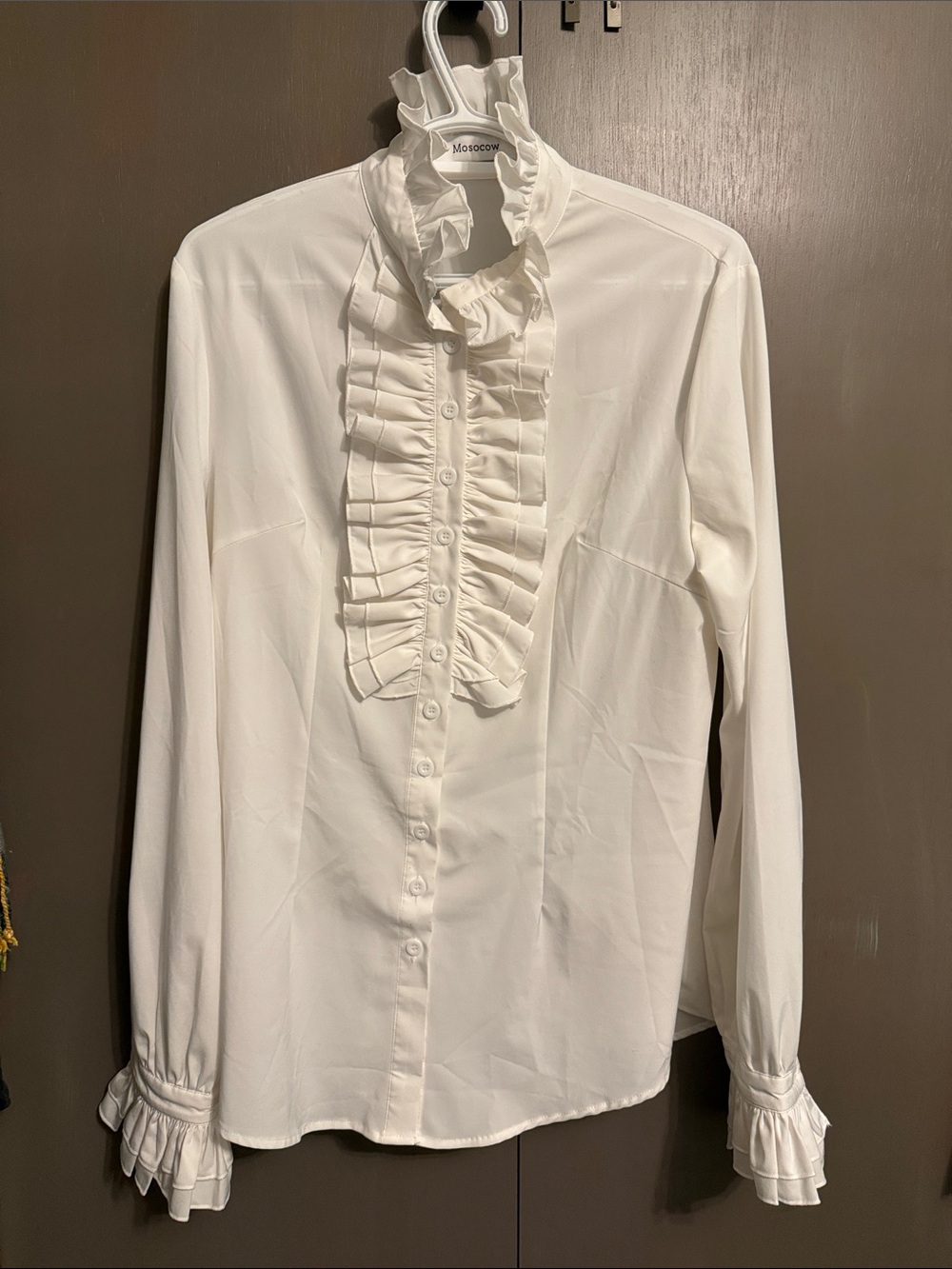 White Ruffle Front Long-Sleeve Blouse - Classic Women Top